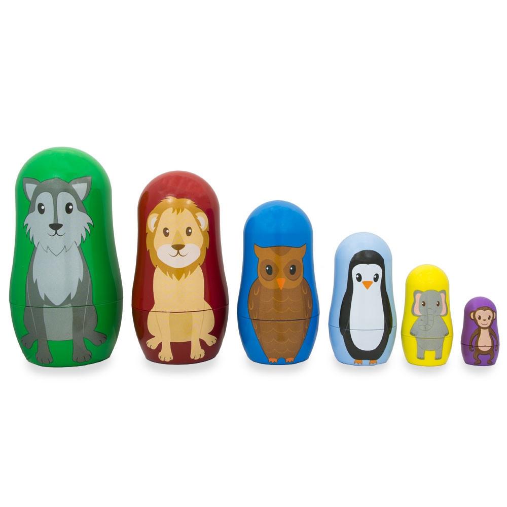 Set of 6 Wolf, Lion, Owl, Penguin Wild Animals Plastic Nesting Dolls 4.5 Inches BestPysanky