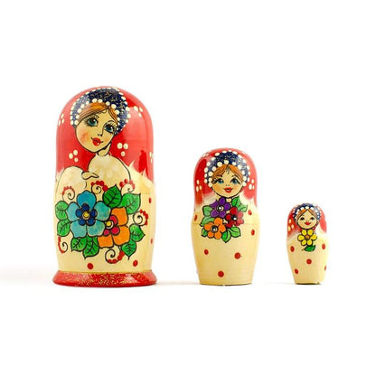 Set of 3 Red Headscarf with Folk Art Flowers Wooden Nesting Dolls Matryoshka 3.5 Inches BestPysanky