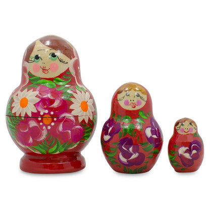 Set of 3 Floral Red Miniature  Nesting Dolls 3.5 Inches BestPysanky