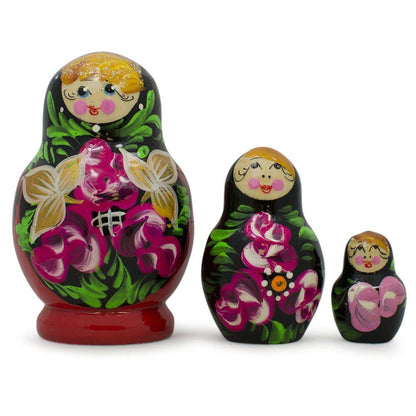 Set of Flowers on Black and Red Dress Nesting Dolls 3.5 Inches