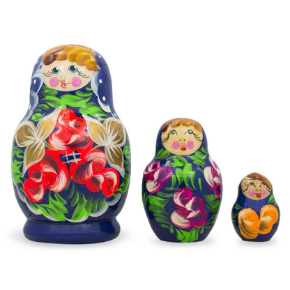 Set of Flowers on Blue Dress Nesting Dolls 3.5 Inches