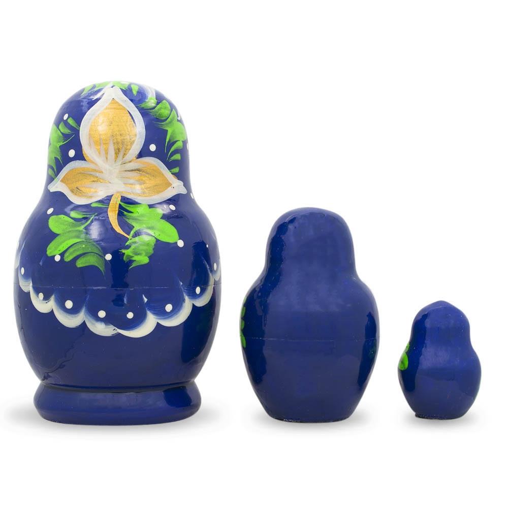 Set of Flowers on Blue Dress Nesting Dolls 3.5 Inches
