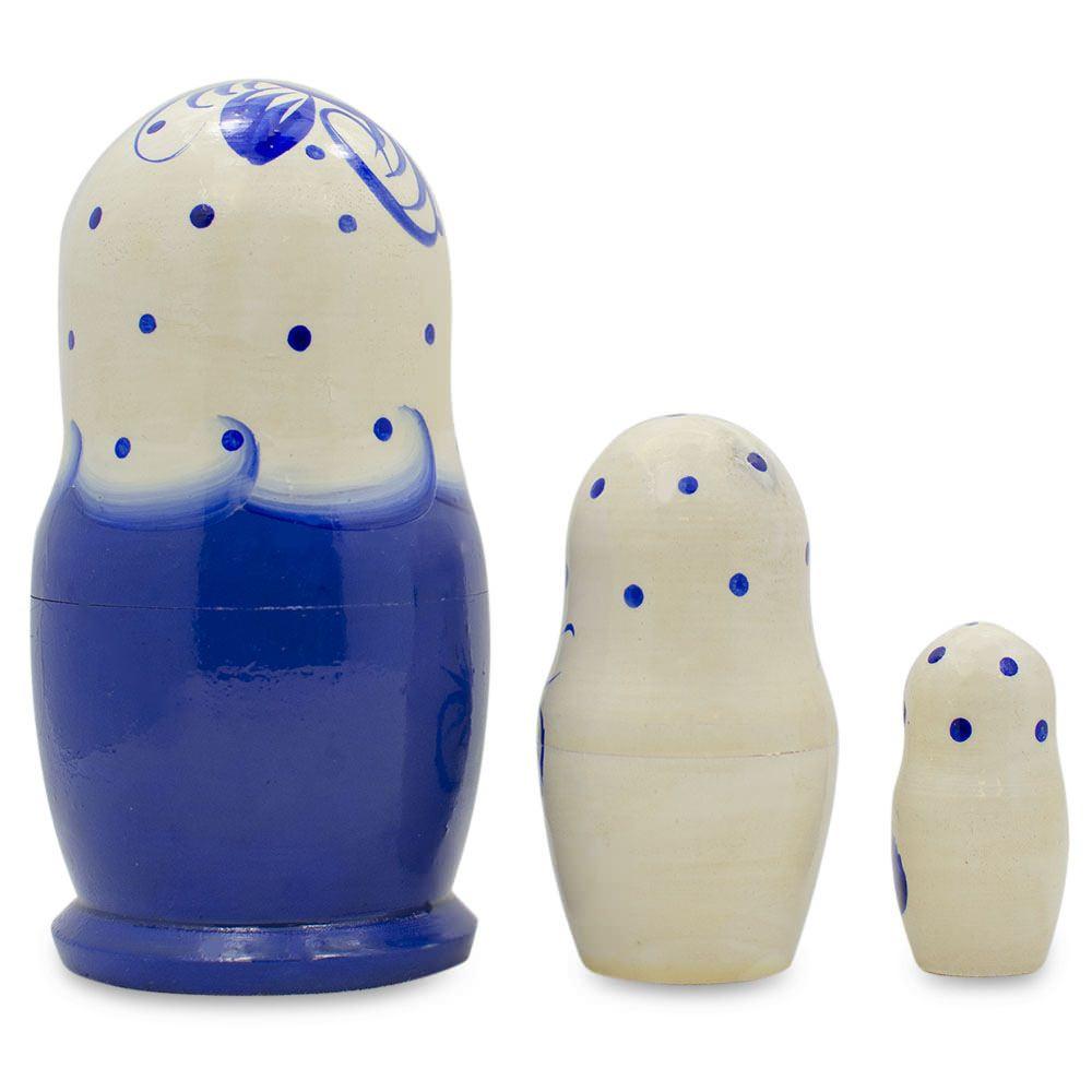 Set of 3 Gzhel Painting Blue Wooden Matryoshka Nesting Dolls 3.75 Inches