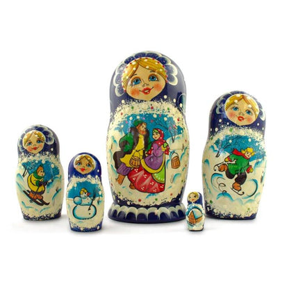 Set of 5 Family Christmas Celebration Wooden Nesting Dolls 6.5 Inches