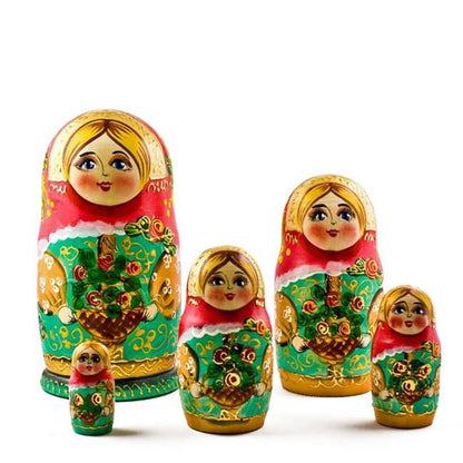 5 Girls with Basket Flowers Nesting Dolls  6.5 Inches