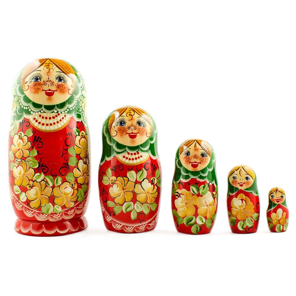 5 Girl with Green Scarf and Red Dress Wooden Nesting Dolls 7 Inches