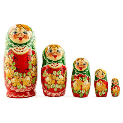 5 Girl with Green Scarf and Red Dress Wooden Nesting Dolls 7 Inches