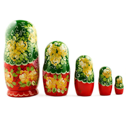 5 Girl with Green Scarf and Red Dress Wooden Nesting Dolls 7 Inches