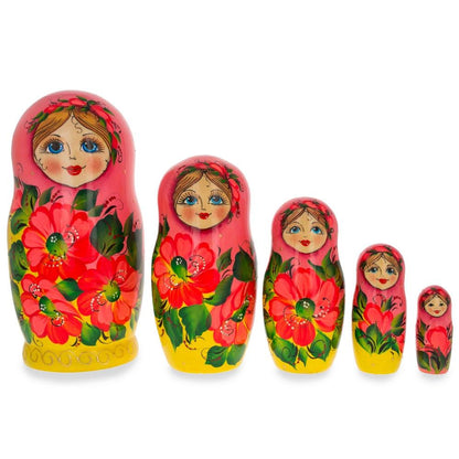 Set of 5 Pink Scarf and Yellow Dress Wooden Nesting Dolls 7 Inches BestPysanky