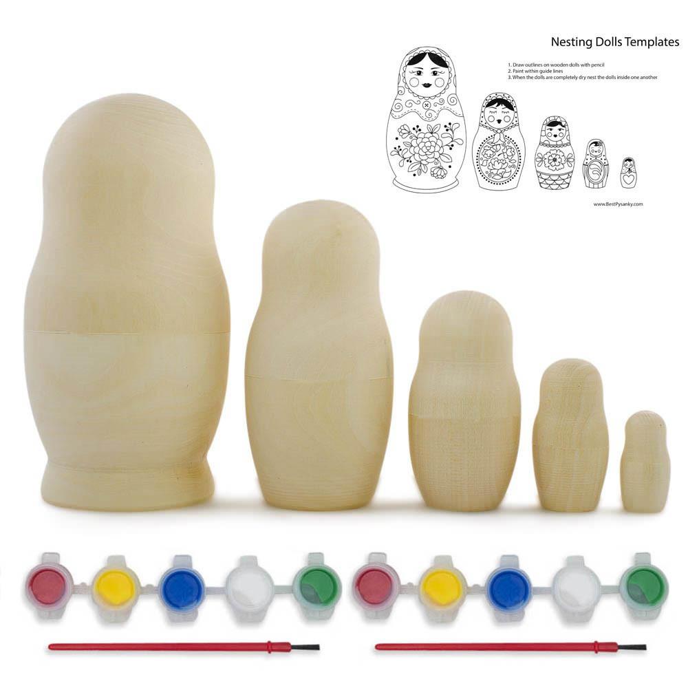 Set of 5 Unfinished Wooden Nesting Dolls with Paints DIY Craft Blanks for Painting  5.75 Inches