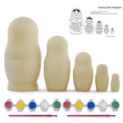 Set of 5 Unfinished Wooden Nesting Dolls with Paints DIY Craft Blanks for Painting  5.75 Inches