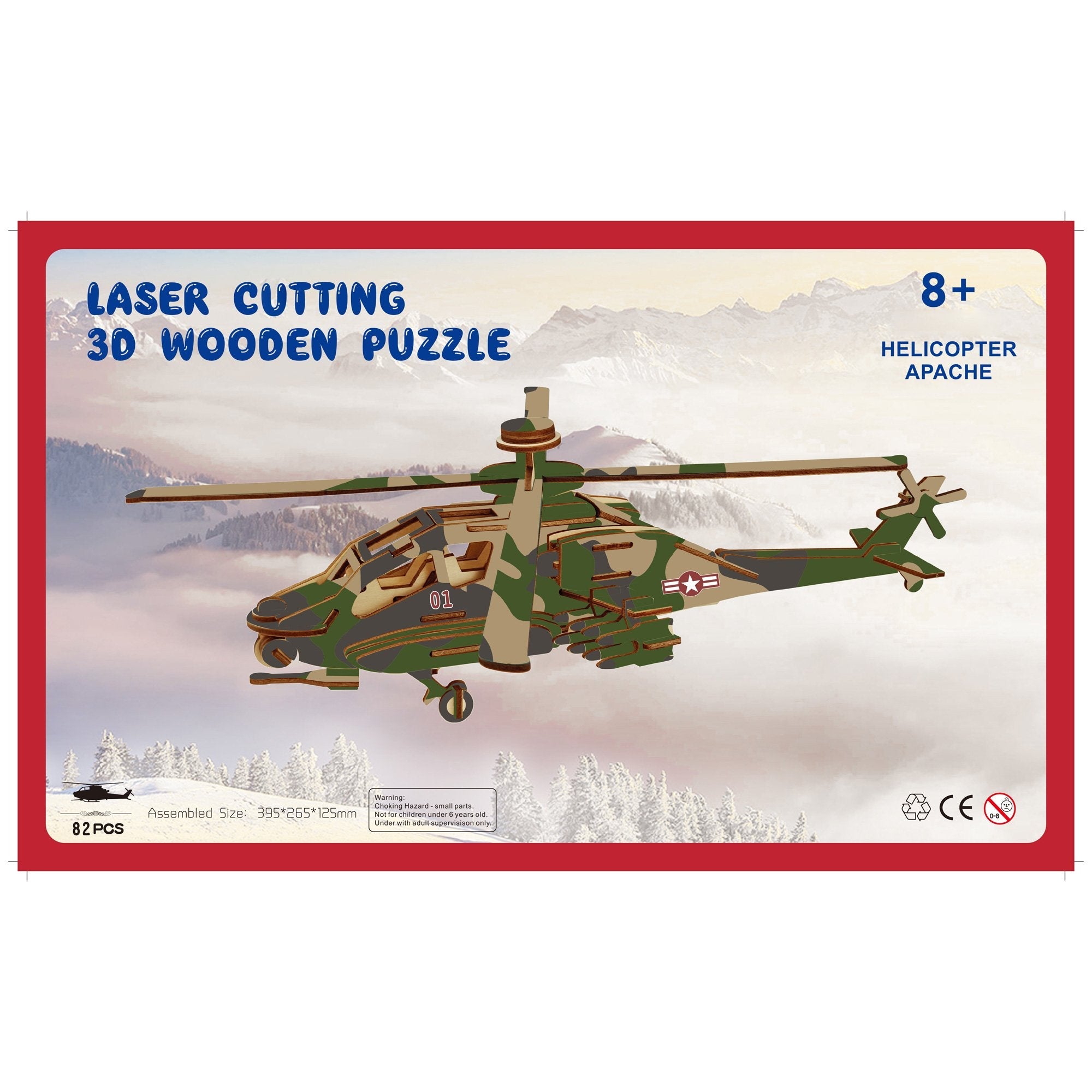 Apache Helicopter Model Kit - Wooden Laser-Cut 3D Puzzle (82 Pcs)
