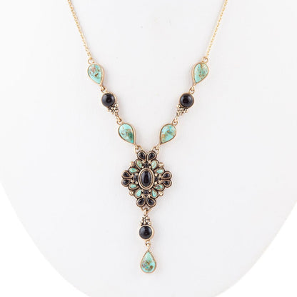 Barcelona Black Onyx and Blue Turquoise Golden Y-Necklace Barse Jewelry