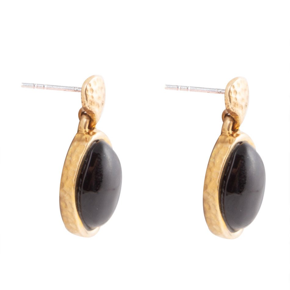 Black Onyx Hammered Post Drop Golden Earrings Barse Jewelry