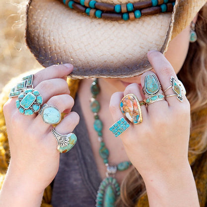 Orange Spiny Oyster and Blue Turquoise Matrix Abstract Golden Ring Barse Jewelry