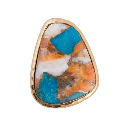Orange Spiny Oyster and Blue Turquoise Matrix Abstract Golden Ring Barse Jewelry