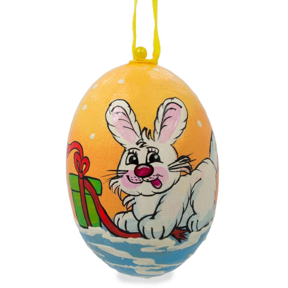 White Bunny with Gift Wooden Christmas Ornament BestPysanky