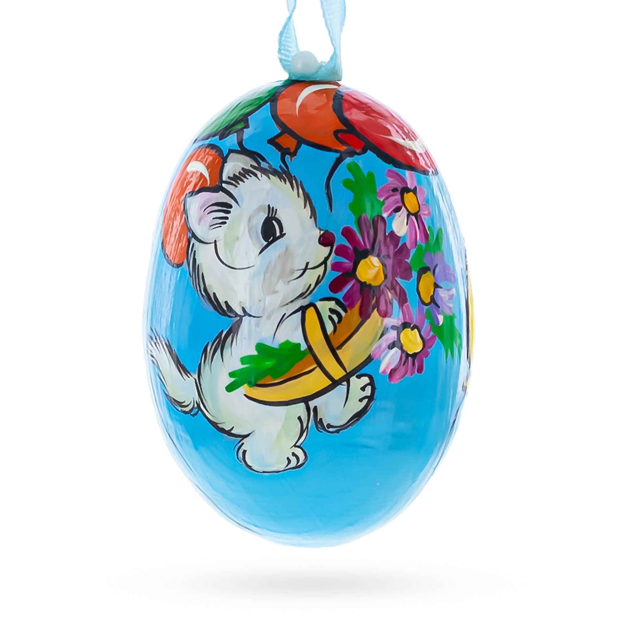 Cat with Balloon and Flowers Wooden Christmas Ornament 3 Inches BestPysanky