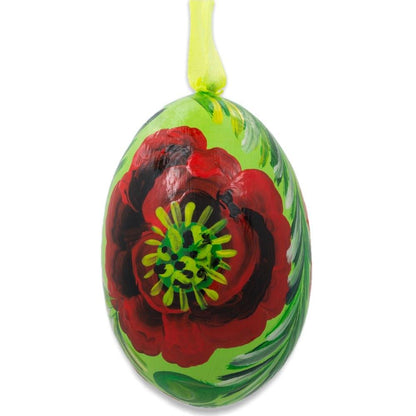 Red Flowers on Green Wooden Egg Easter Ornament 3 Inches BestPysanky