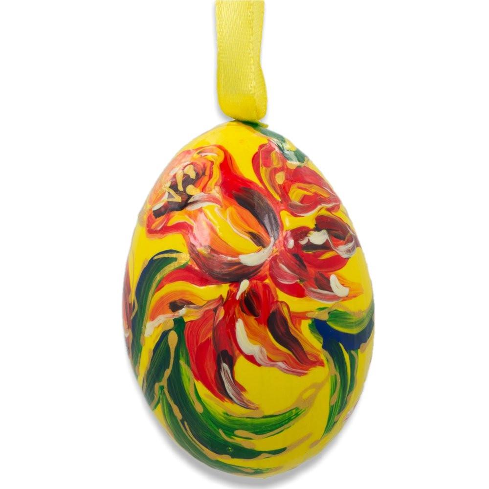 Red Flower on Yellow Wooden Egg Easter Ornament 3 Inches BestPysanky