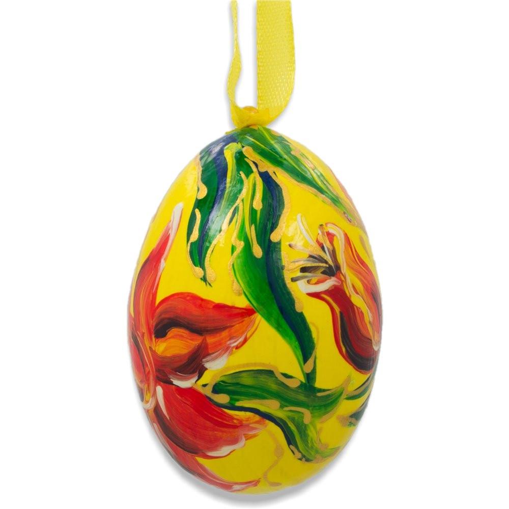 Red Flower on Yellow Wooden Egg Easter Ornament 3 Inches BestPysanky