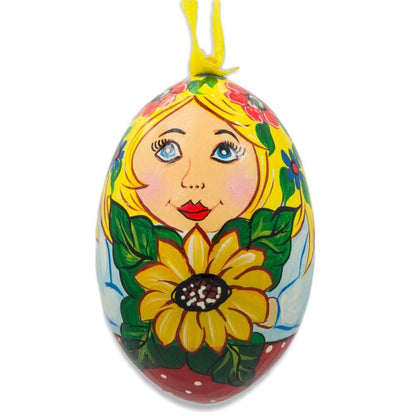 Doll with Sunflower Wooden Egg Ornament 3 Inches BestPysanky