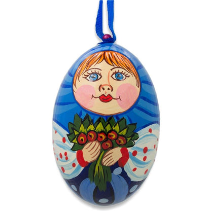 Doll with Flower Bouquet Wooden Egg Ornament 3 Inches BestPysanky