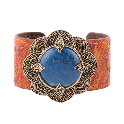 Ornate Blue Lapis Golden Leather Cuff Bracelet Barse Jewelry