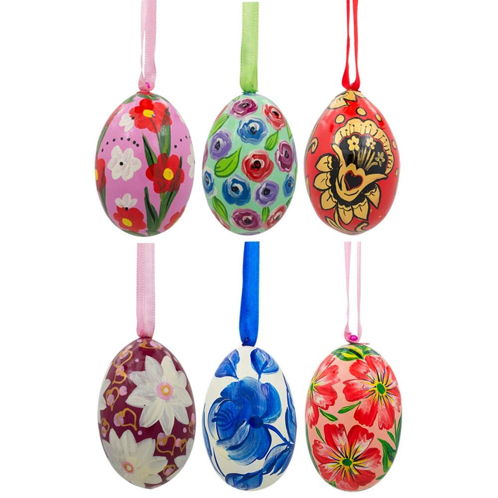 Set of 6 Pink, Green, Red Flower Wooden Floral Egg Christmas Ornaments 3 Inches BestPysanky