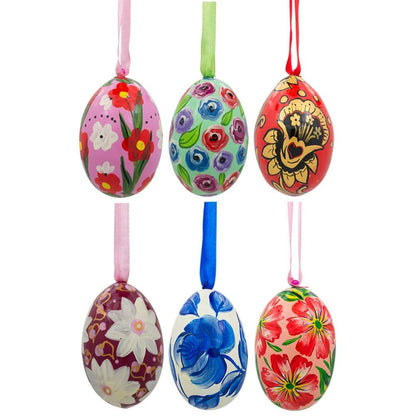 Set of 6 Pink, Green, Red Flower Wooden Floral Egg Christmas Ornaments 3 Inches BestPysanky