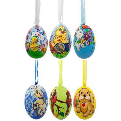 Set of 6- Chick, Cardinal Bird, Cat, Dog Wooden Christmas Ornaments 3 Inches BestPysanky