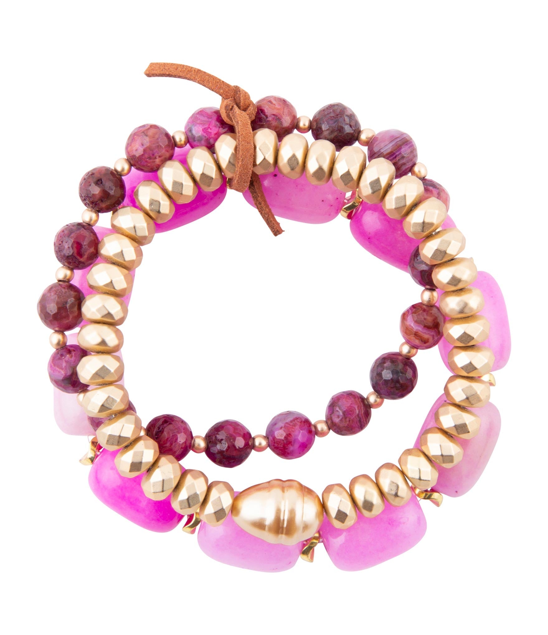Peony Fuchsia Pink Jade Golden Stretch Bracelet Set Barse Jewelry
