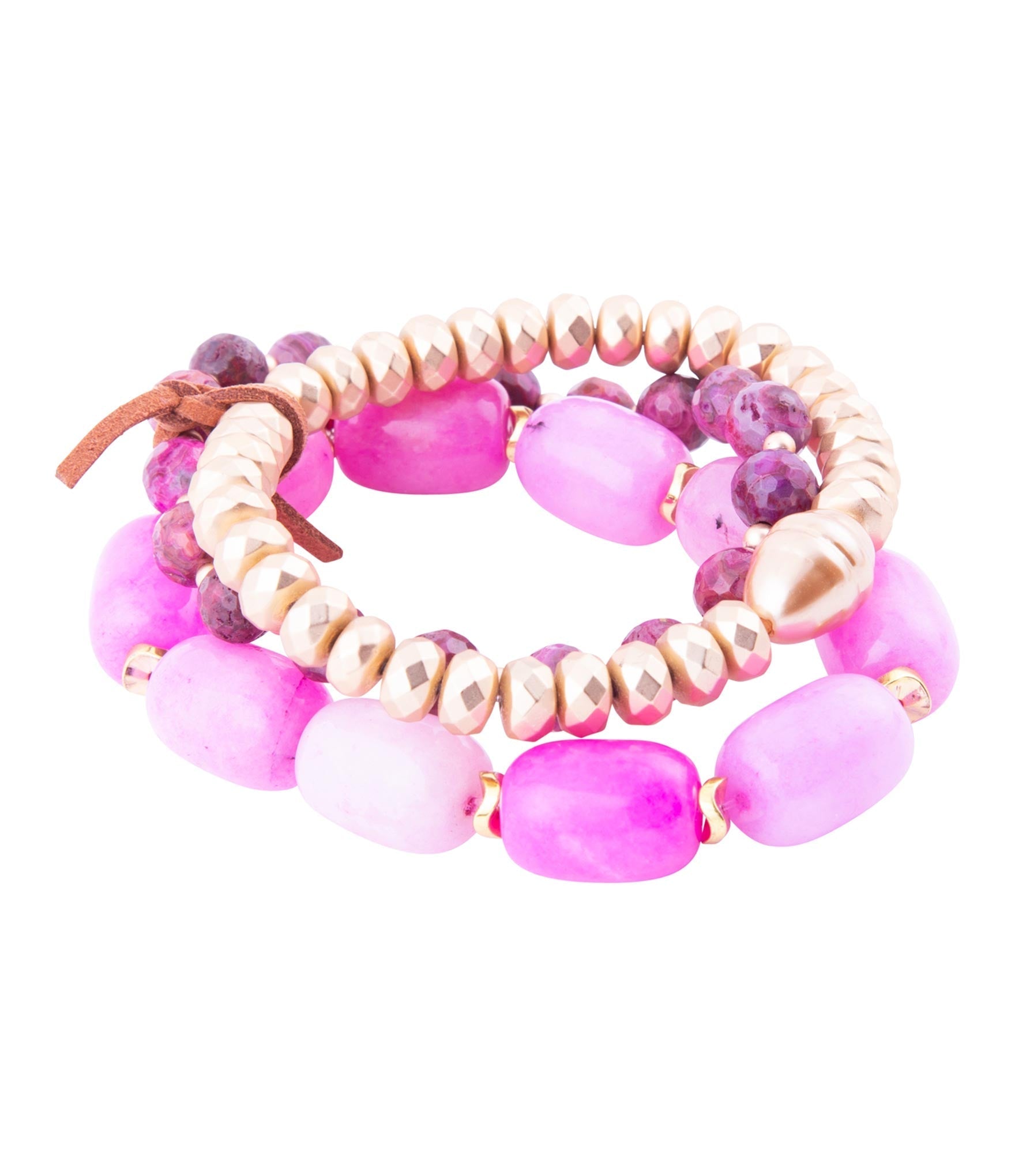 Peony Fuchsia Pink Jade Golden Stretch Bracelet Set Barse Jewelry