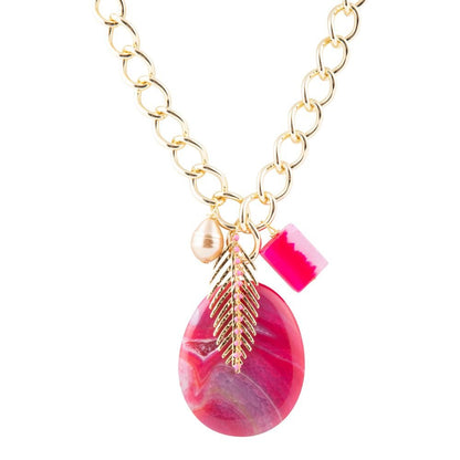Peony Fuschsia Pink Agate Golden Charm Necklace Barse Jewelry