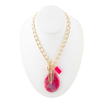 Peony Fuschsia Pink Agate Golden Charm Necklace Barse Jewelry