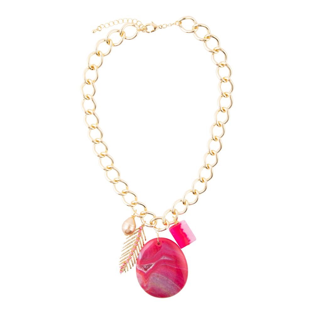 Peony Fuschsia Pink Agate Golden Charm Necklace Barse Jewelry