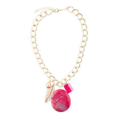 Peony Fuschsia Pink Agate Golden Charm Necklace Barse Jewelry
