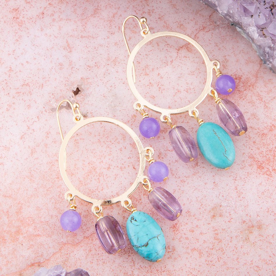 Purple Periwinkle Amethyst and Blue Magnesite Golden Chandelier Earrings Barse Jewelry