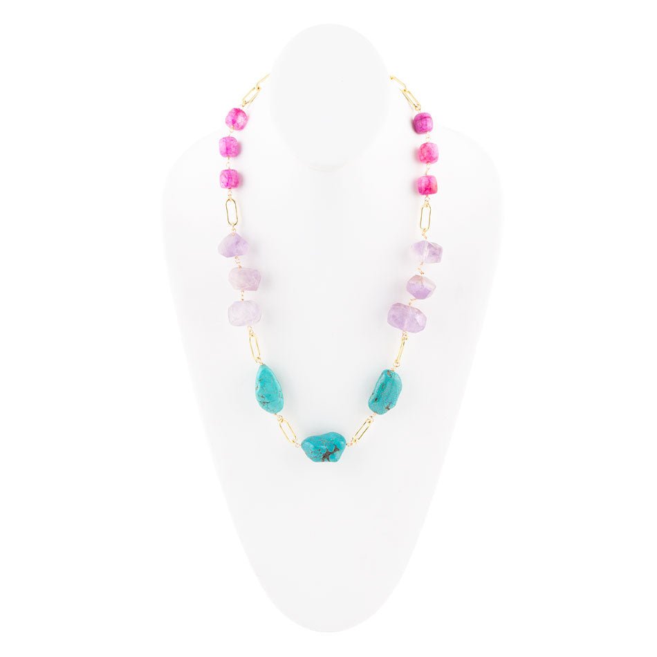 Purple Periwinkle Amethyst and Blue Turquoise Long Golden Necklace Barse Jewelry