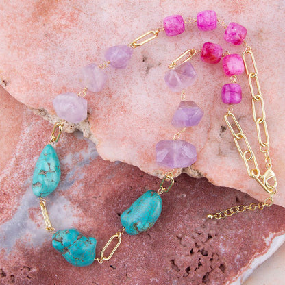 Purple Periwinkle Amethyst and Blue Turquoise Long Golden Necklace Barse Jewelry