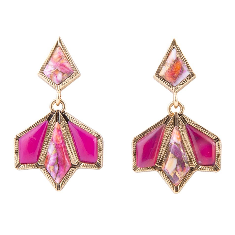 Pink Agate and Shell Matrix Golden Statement Earrings Barse Jewelry