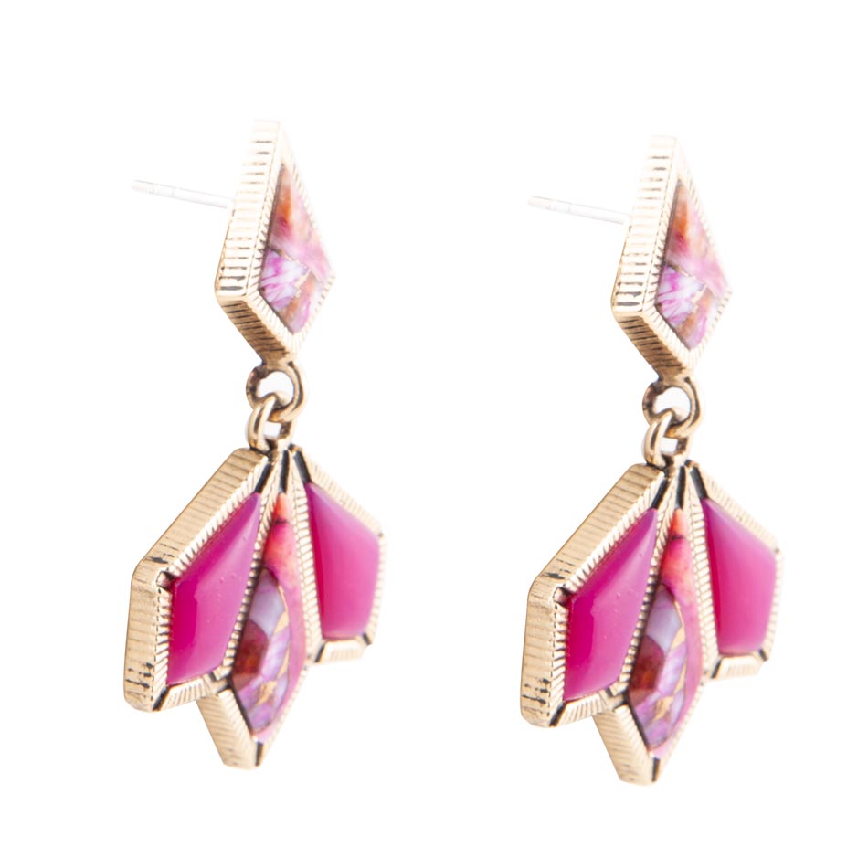 Pink Agate and Shell Matrix Golden Statement Earrings Barse Jewelry