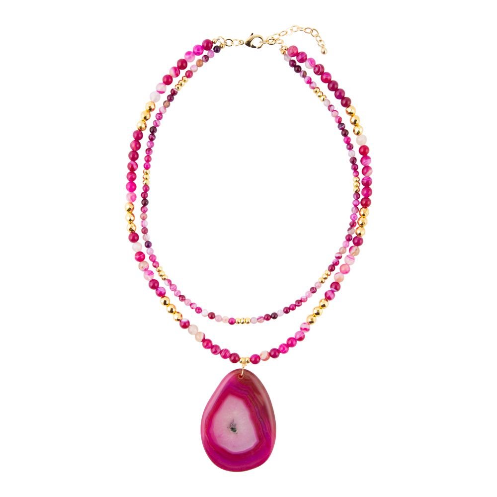 Pink Agate Golden Pendant Necklace Barse Jewelry