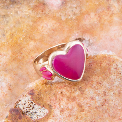 Pink Agate Heart Golden Statement Ring Barse Jewelry