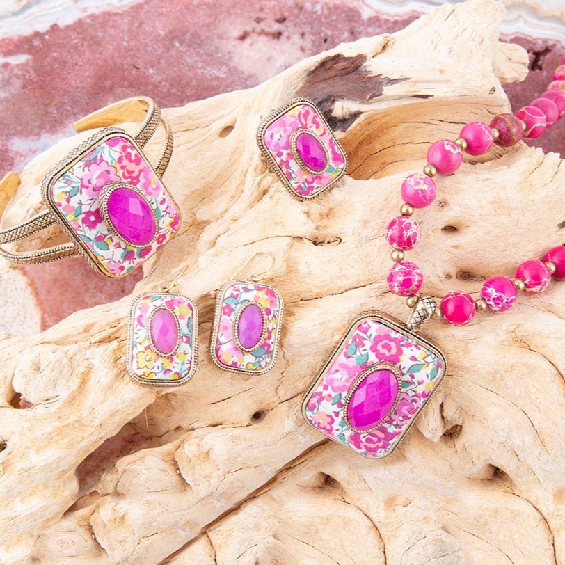 Pink Agate Stacked Stone Floral Cuff Bracelet Barse Jewelry