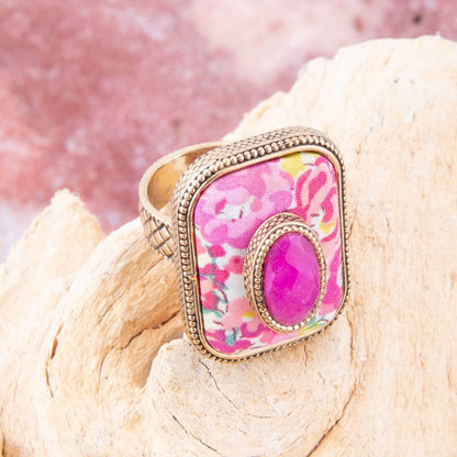Pink Agate Stacked Stone Floral Golden Statement Ring Barse Jewelry