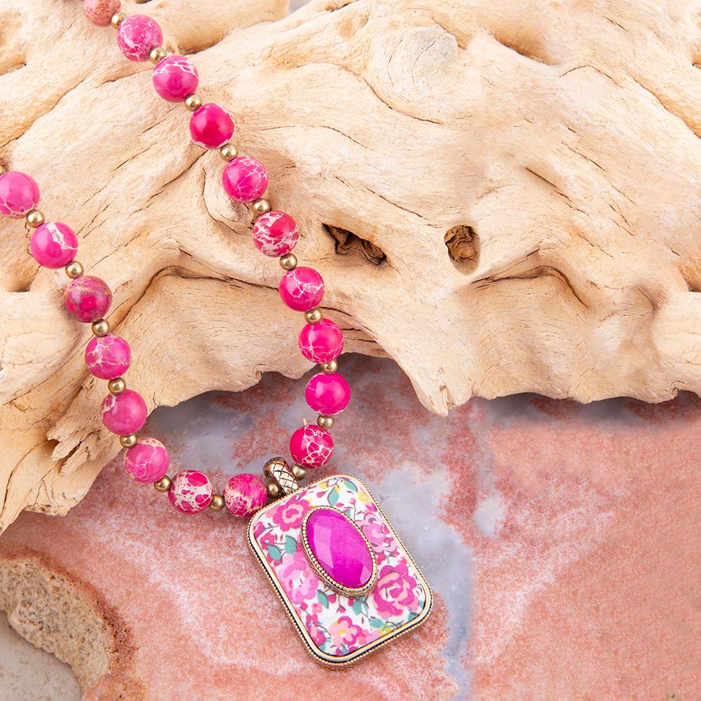 Pink Agate Stacked Stone Floral Pendant Necklace Barse Jewelry