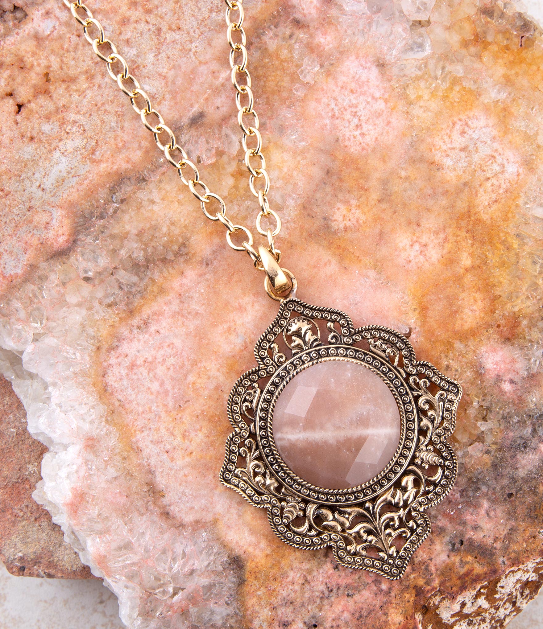Pink Moonstone Golden Pendant Necklace Barse Jewelry