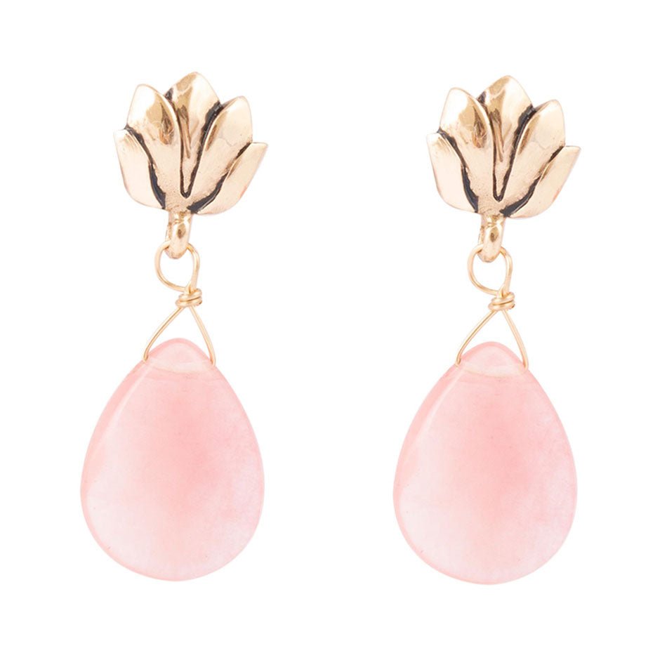 Pink Quartz Golden Lotus Drop Earrings Barse Jewelry