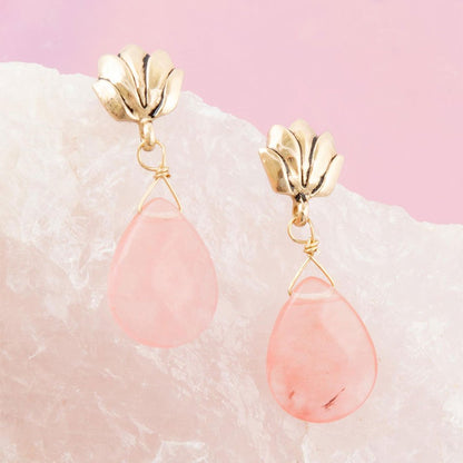 Pink Quartz Golden Lotus Drop Earrings Barse Jewelry